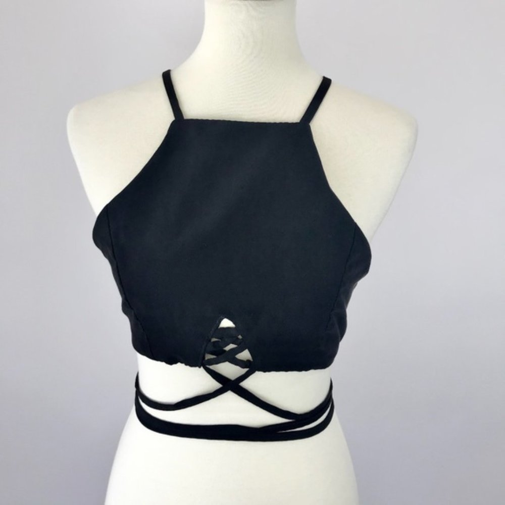 Black Suede Strappy Zip Up Racerback Crop Top Tank Various Sizes